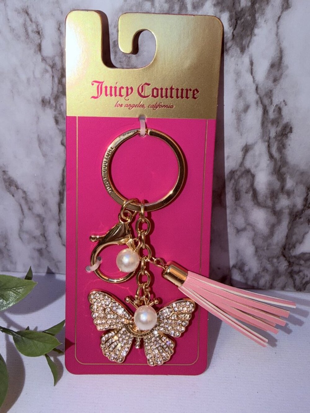 Juicy Couture Butterfly Keychain Gold Rhinestone Tassel Pink Bag Charm